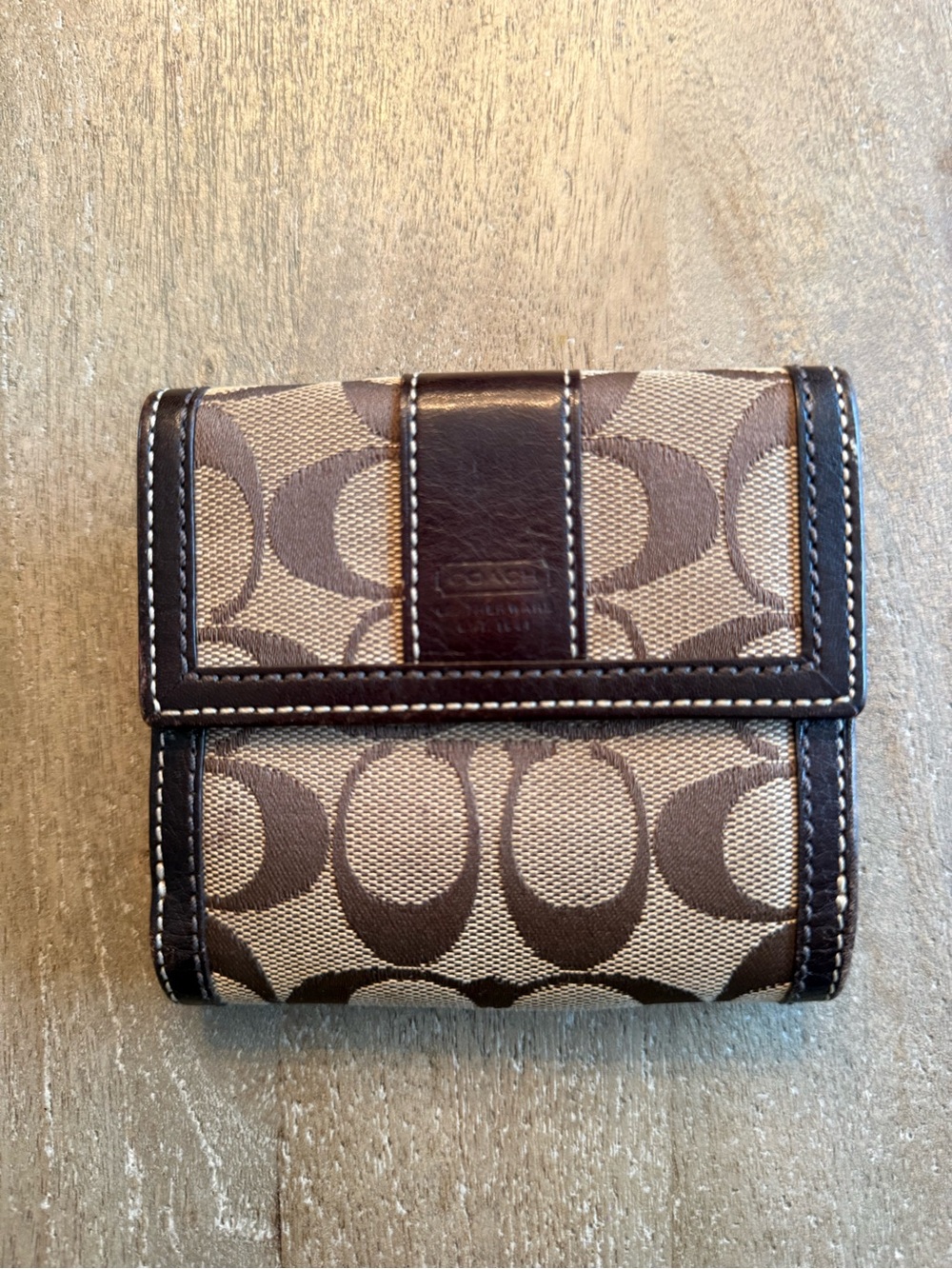 Coach Brown and Tan Signature Canvas Tri-Fold Card Wallet
